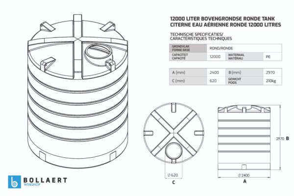 Bovengrondse Ronde Watertank - 12000 liter (Ø 2,40 m)