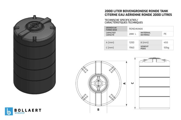 Bovengrondse Ronde Watertank - 2000 liter (Ø 1,20 m)