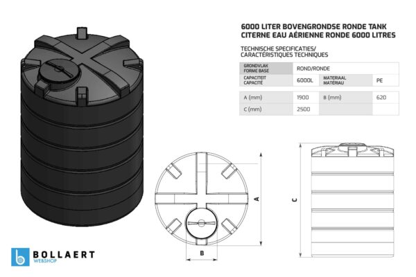 Bovengrondse Ronde Watertank - 6000 liter (Ø 1,90 m)