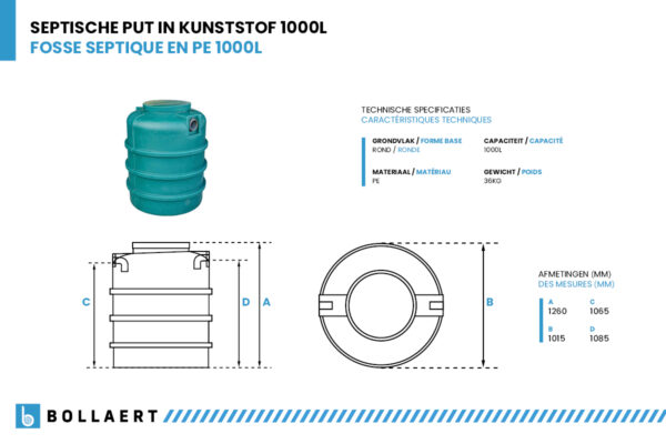 Ondergrondse ronde septic tank in kunststof van 1000 liter