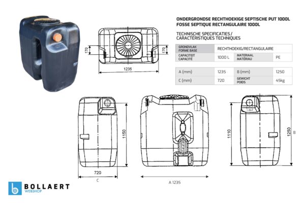 Ondergrondse rechthoekige septic tank in kunststof van 1000 liter