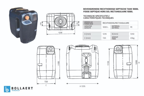 Bovengrondse septic tank kunststof van 1000 liter