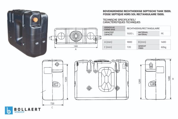 Bovengrondse septic tank kunststof van 1500 liter