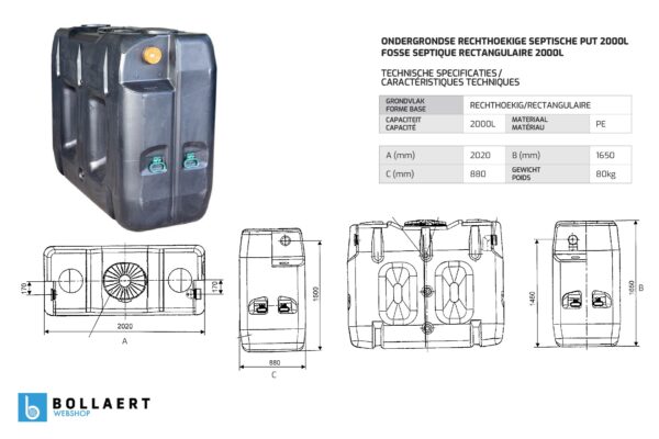 Ondergrondse rechthoekige septic tank in kunststof van 2000 liter