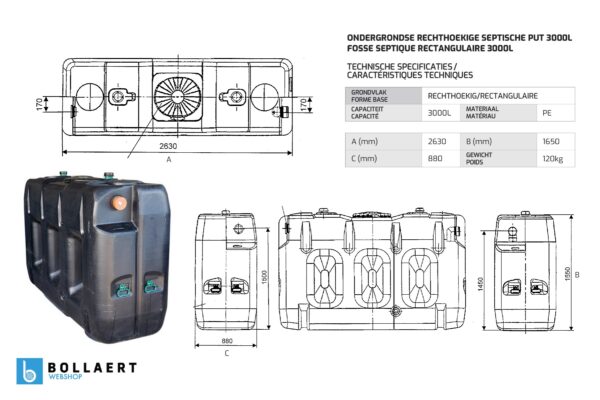 Ondergrondse rechthoekige septic tank in kunststof van 3000 liter