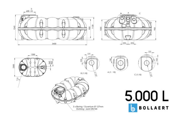 Platte kunststof septic tank - 5.000 liter