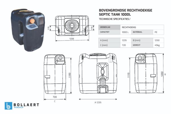 Bovengrondse septic tank kunststof van 1000 liter