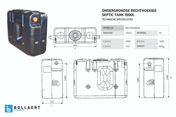 Ondergrondse rechthoekige septic tank in kunststof van 1500 liter