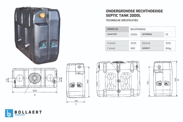 Ondergrondse rechthoekige septic tank in kunststof van 2000 liter