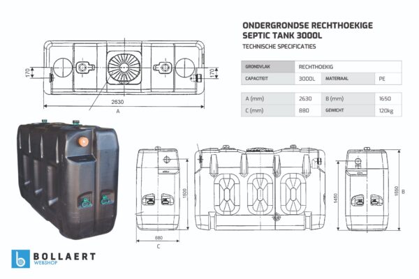 Ondergrondse rechthoekige septic tank in kunststof van 3000 liter