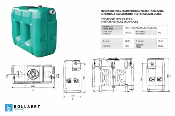 Bovengrondse Rechthoekige Watertank - Met pomp - 2000 liter