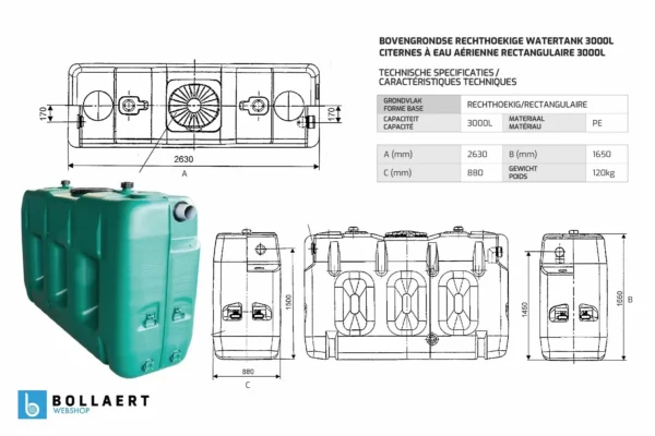 Bovengrondse Rechthoekige Regenwatertank - Met pomp - 3000 liter