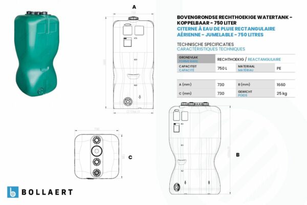 Bovengrondse Rechthoekige Watertank - Koppelbaar - 750 liter