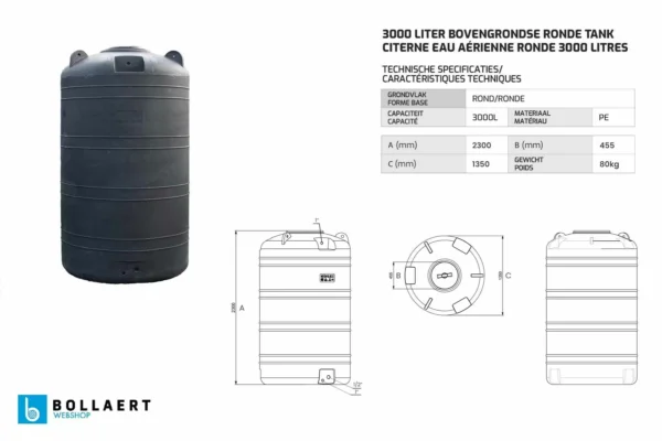 Bovengrondse Ronde Watertank - 3000 liter (Ø 1,35 m)