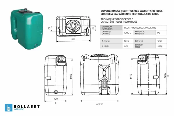 Bovengrondse Rechthoekige Watertank - Koppelbaar - 1000 liter