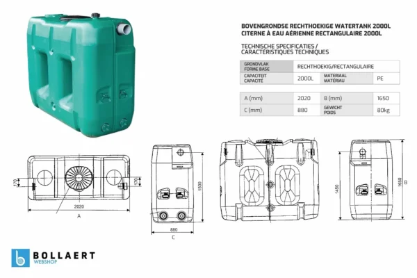 Bovengrondse Rechthoekige Watertank - Koppelbaar - 2000 liter