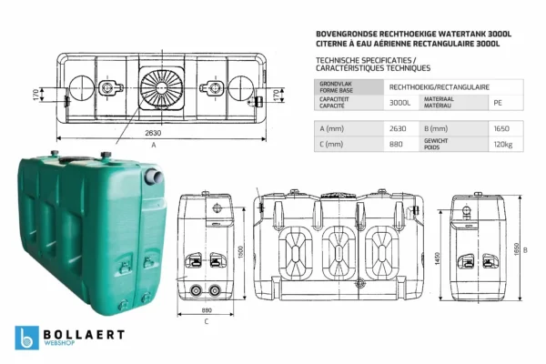 Bovengrondse Rechthoekige Watertank - Koppelbaar - 3000 liter