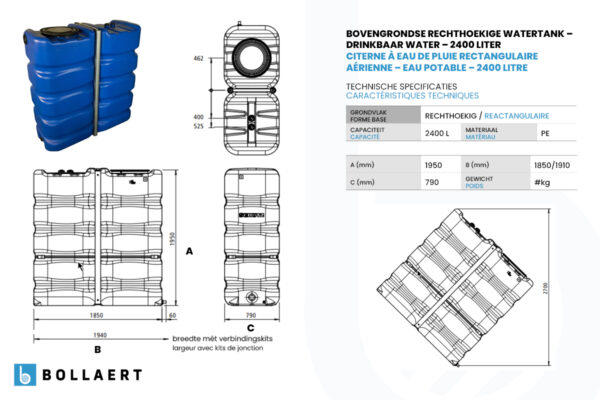 Bovengrondse Rechthoekige Watertank – Drinkbaar Water – 2400 Liter