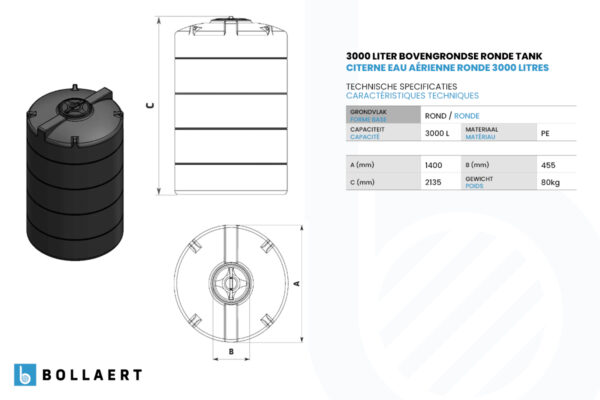 bovengrondse ronde watertank - 3000 liter