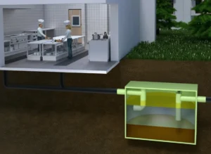 Doorsnede van een horecakeuken met een ondergrondse tank die de capaciteit van een vetafscheider toont voor het scheiden van vet en afvalwater.