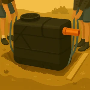 Twee personen laten een vetvangput voorzichtig in de gegraven put zakken met behulp van spanbanden om de tank waterpas en stabiel te plaatsen